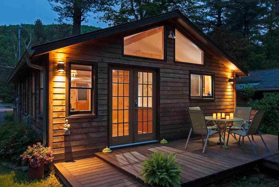 A cozy mountain secluded cabin at night in the Catskills, New York