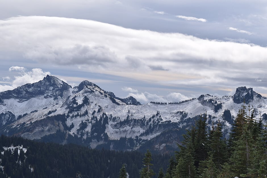 Snow-topped mountain peaks in Mount Rainier National Park, Washington